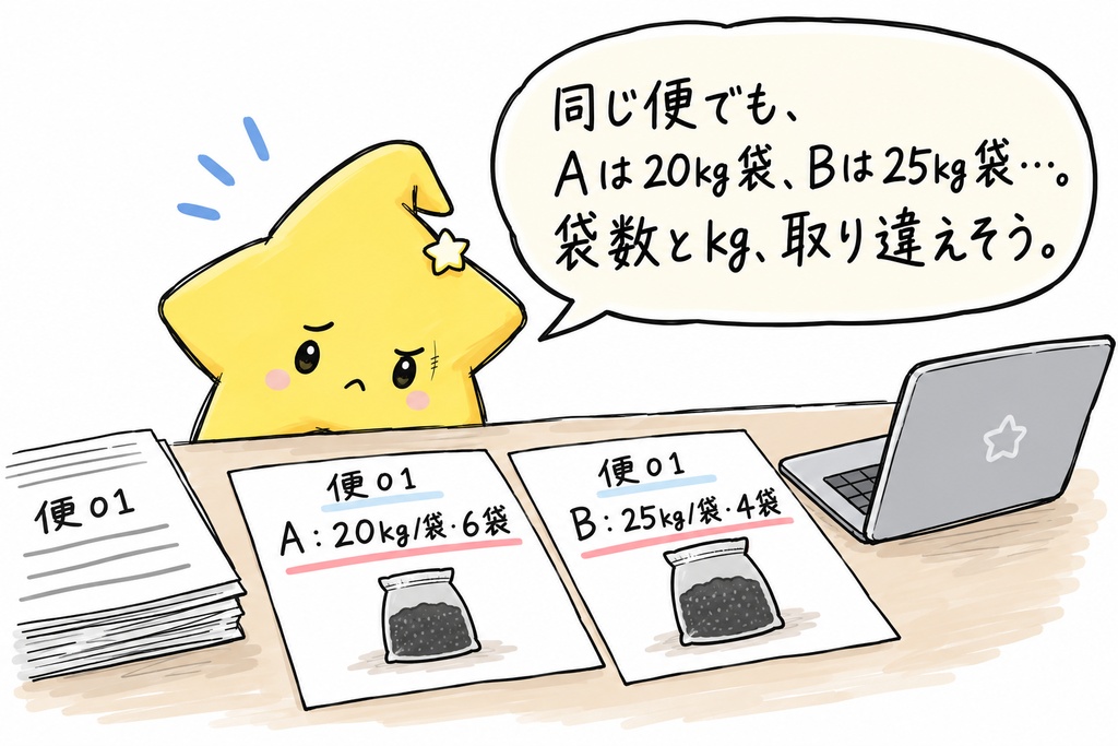 活性炭の出荷予定集計｜品番・荷姿別の予定袋数・表示内容重量・便合計 Excel