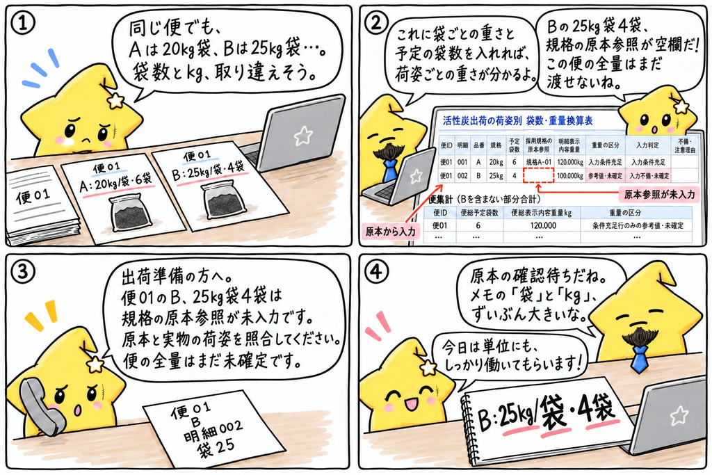 活性炭の出荷予定集計|品番・荷姿別の予定袋数・表示内容重量・便合計 Excel