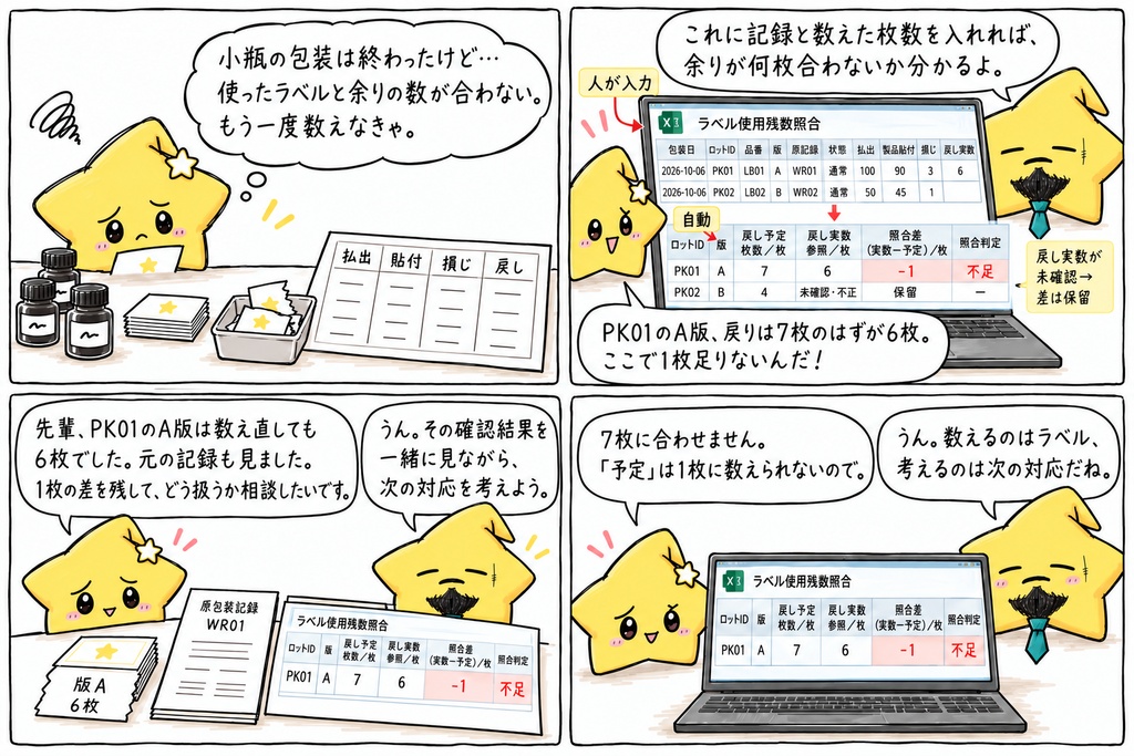 スタンプ用インキのラベル枚数照合|払出・貼付・損じ・戻し予定・実数・差 Excel