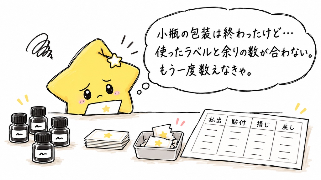スタンプ用インキのラベル枚数照合｜払出・貼付・損じ・戻し予定・実数・差 Excel