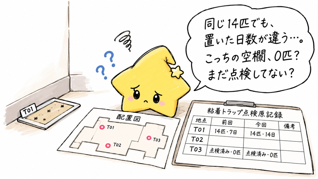 捕虫トラップの点検管理|捕獲数・実観測日数・匹/日の前回比較・未点検確認 Excel