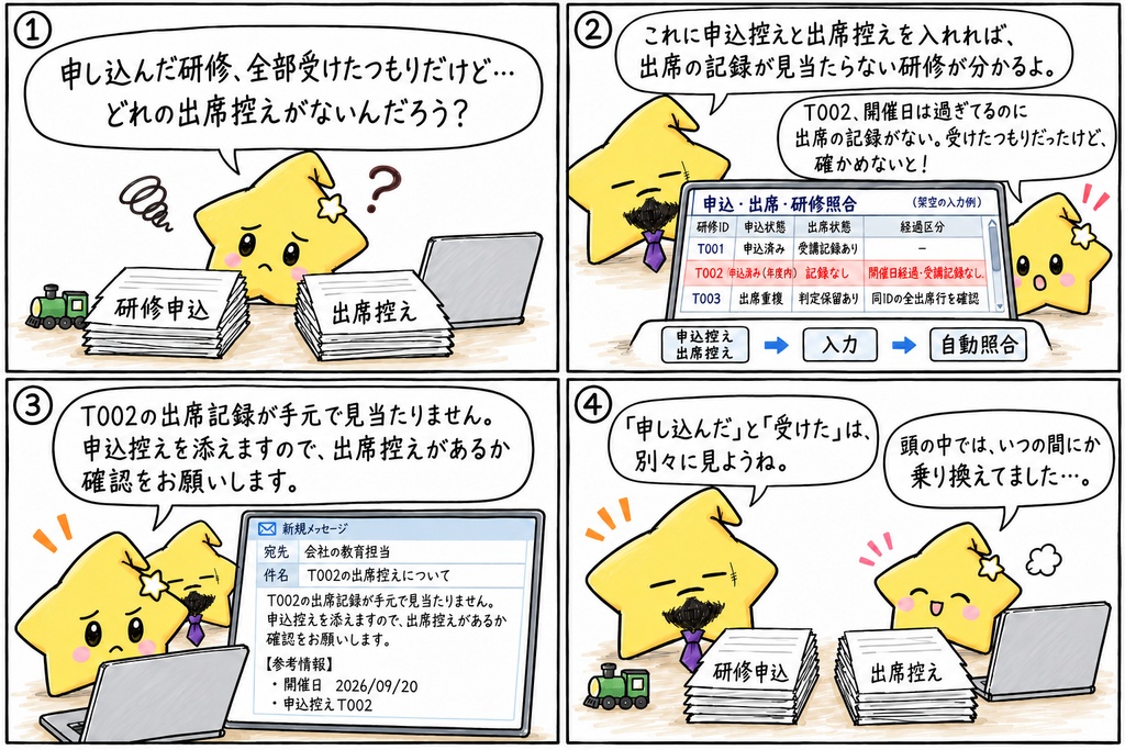 研修申込・受講照合(鉄道運転従事者本人用)|申込状況・受講記録・開催日経過の記録なし確認 Excel
