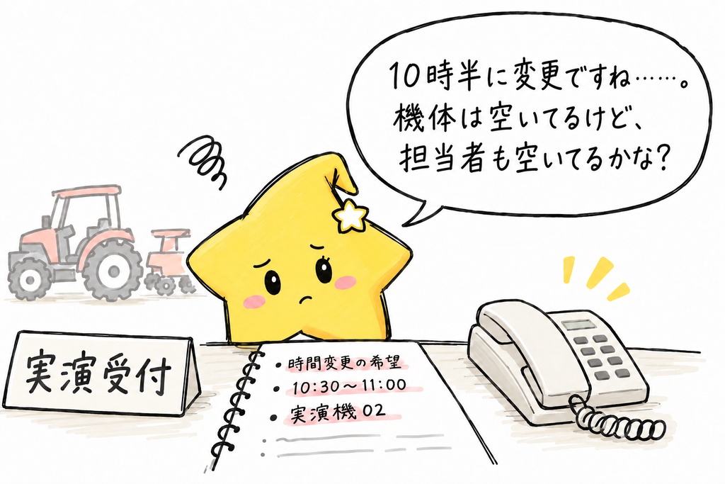 農機実演会の予約確認｜実演機・担当者の時間帯重複・当日一覧 Excel