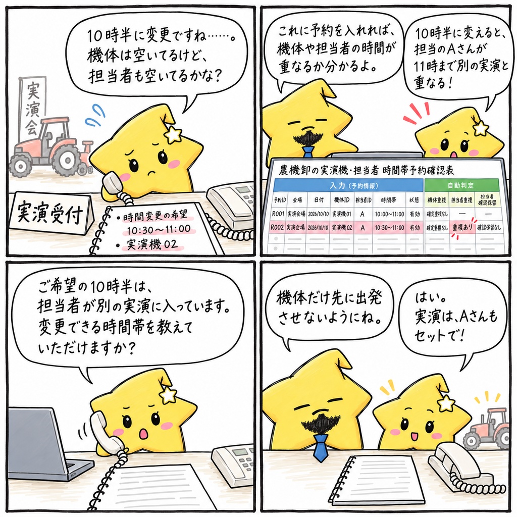 農機実演会の予約確認|実演機・担当者の時間帯重複・当日一覧 Excel