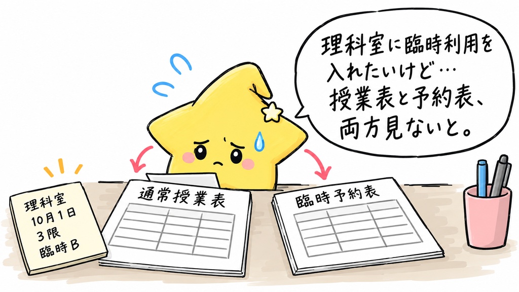 小学校の特別教室の利用重複確認｜授業・臨時利用の日付・時限・教室 Excel