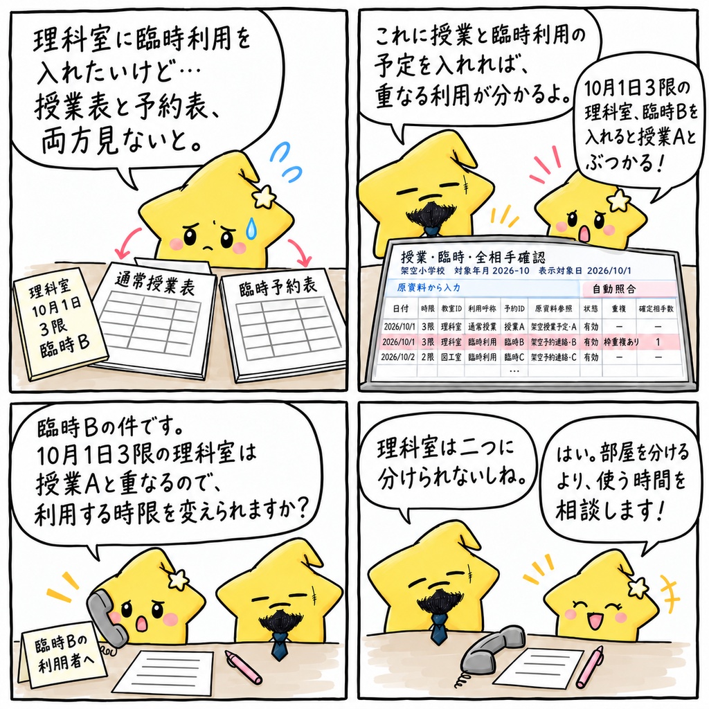 小学校の特別教室の利用重複確認|授業・臨時利用の日付・時限・教室 Excel
