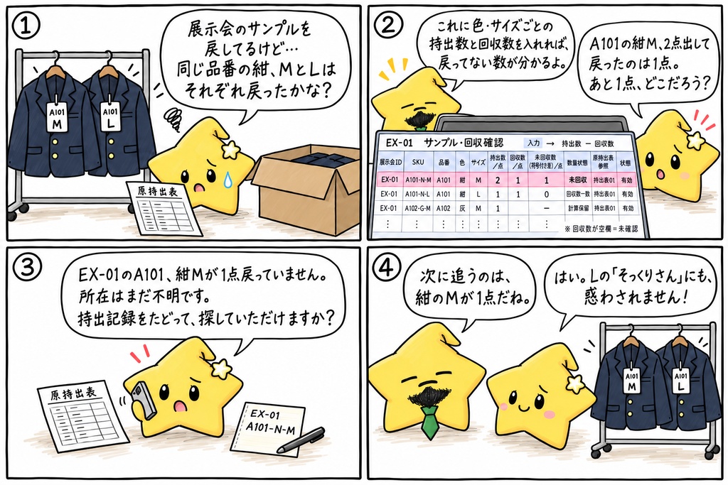 男子服卸の展示会サンプル回収確認|品番・色・サイズ別の未回収数・過回収 Excel