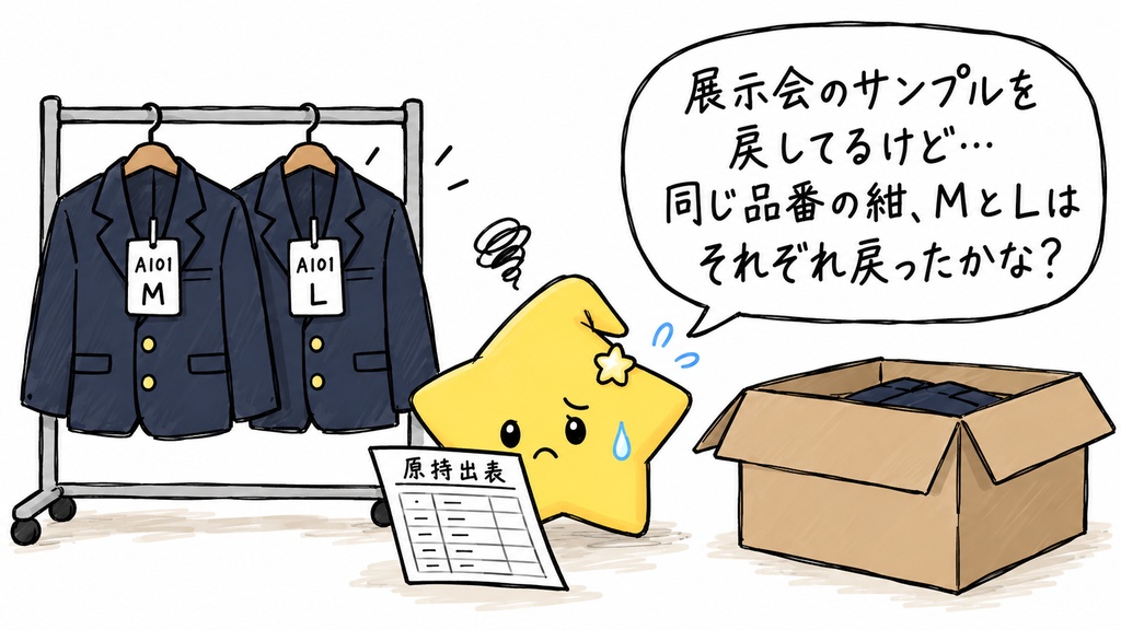 男子服卸の展示会サンプル回収確認｜品番・色・サイズ別の未回収数・過回収 Excel