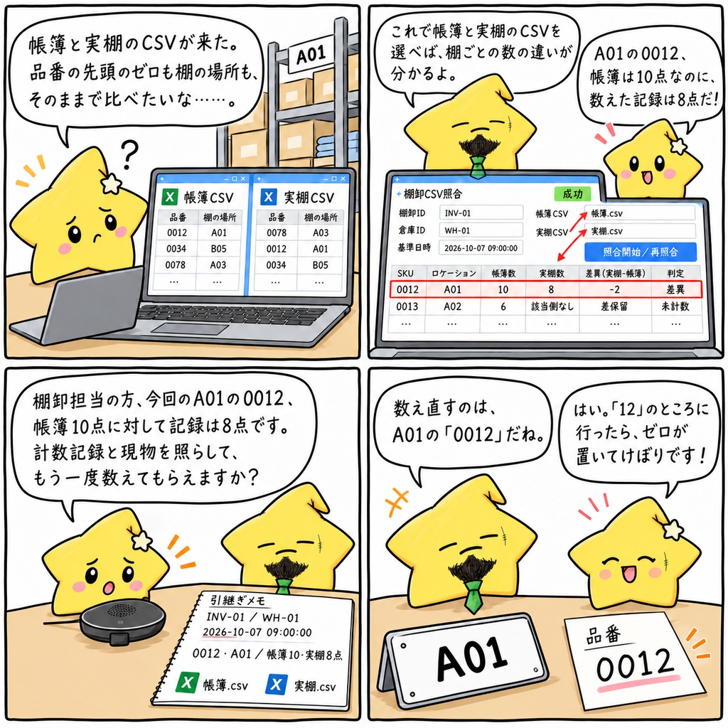 棚卸CSVの数量照合(衣服卸の自家用倉庫)|SKU・ロケーション別の数量差・重複・数量不備の確認 Excel