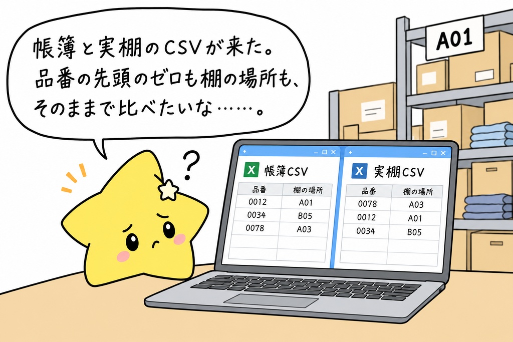 棚卸CSVの数量照合(衣服卸の自家用倉庫)|SKU・ロケーション別の数量差・重複・数量不備の確認 Excel