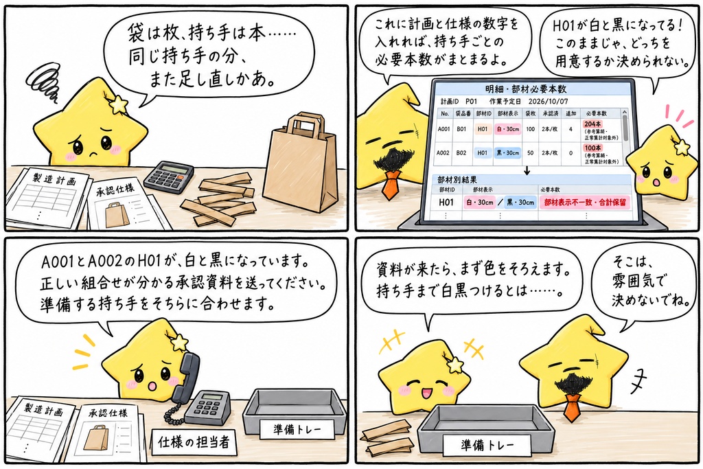 角底紙袋の持ち手必要本数集計|部材別合計・構成明細・未確定の確認 Excel