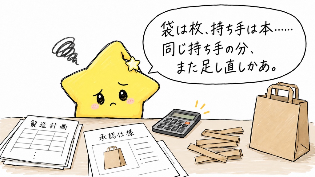 角底紙袋の持ち手必要本数集計｜部材別合計・構成明細・未確定の確認 Excel