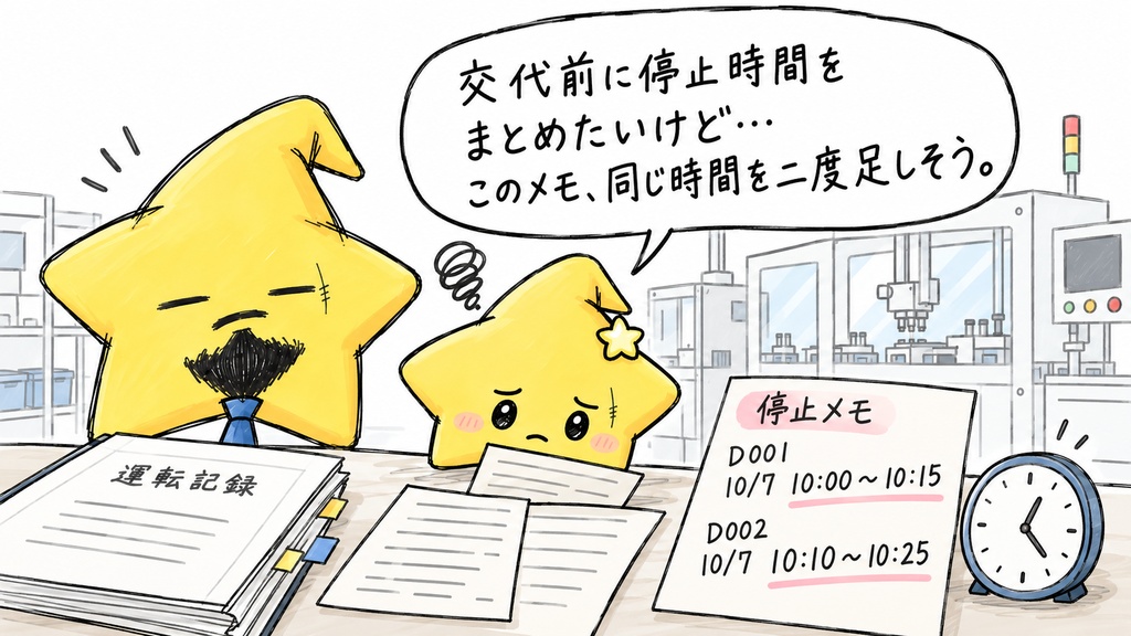 光学機器組立ラインの停止時間確認｜停止ごとの経過分・区間重複・入力不備 Excel