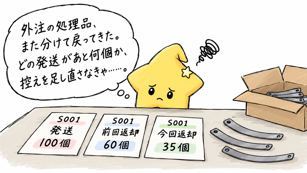 外注処理品の返却残数確認（板ばね工場向け）｜発送数・累計返却数・未返却数 Excel