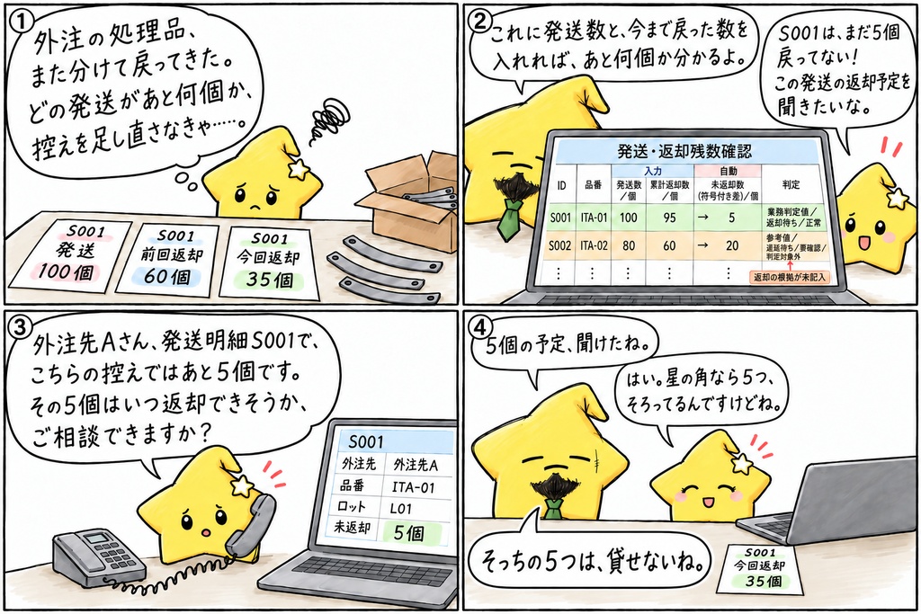 外注処理品の返却残数確認(板ばね工場向け)|発送数・累計返却数・未返却数 Excel