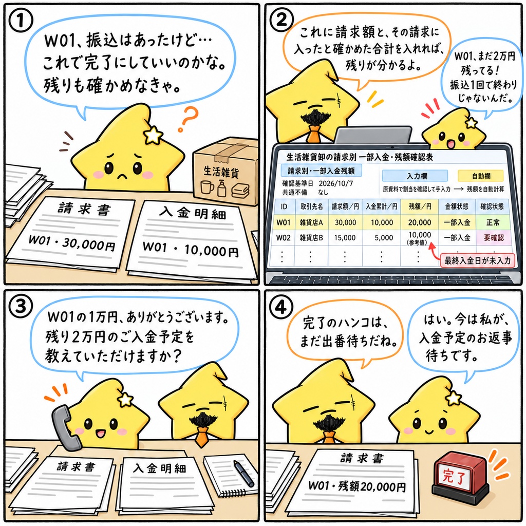 請求別の一部入金確認(生活雑貨卸向け)|入金累計・残額・期限超過 Excel