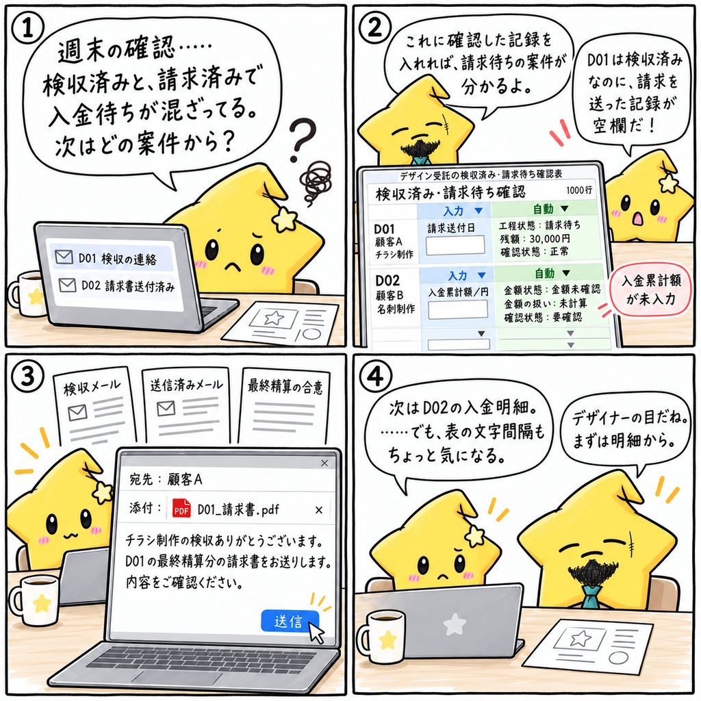 デザイン受託の最終精算確認|請求待ち・入金待ち・期限超過・残額 Excel