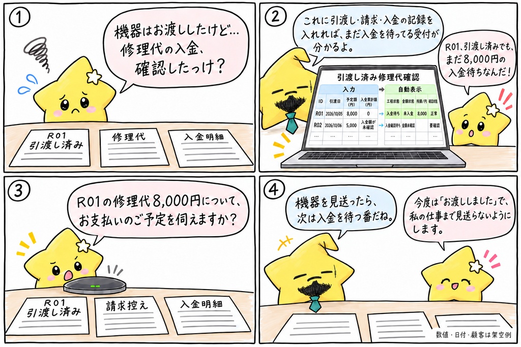 電気機器修理代の入金確認|修理受付ごとの請求待ち・一部入金・期限超過・残額 Excel