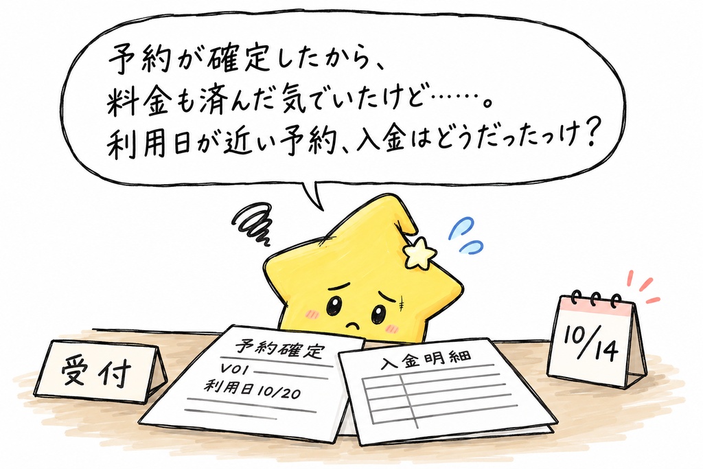 貸会議室の予約料金・入金確認｜案内待ち・振込待ち・期限超過・残額・利用日までの日数 Excel