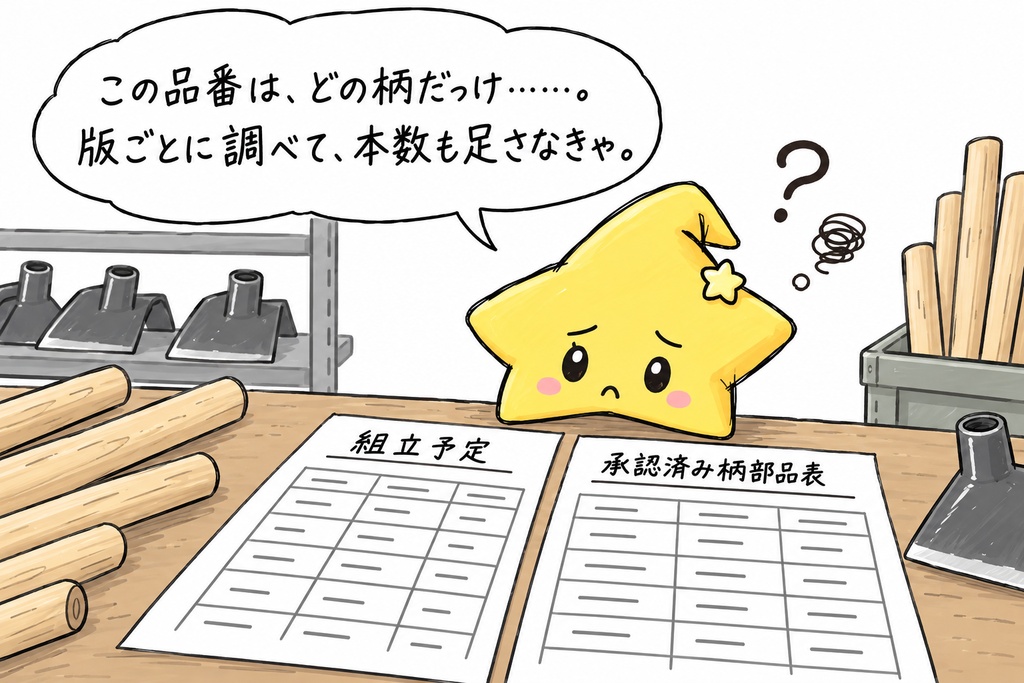 鍬工場の組立準備・柄必要数集計｜柄品番別の必要本数・対応なし・対応重複の確認 Excel