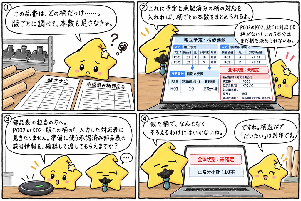 鍬工場の組立準備・柄必要数集計|柄品番別の必要本数・対応なし・対応重複の確認 Excel