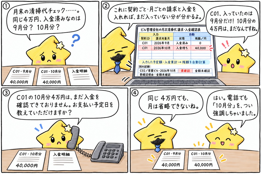 月額清掃契約の請求・入金管理|対象月別の請求待ち・期限超過・残額 Excel