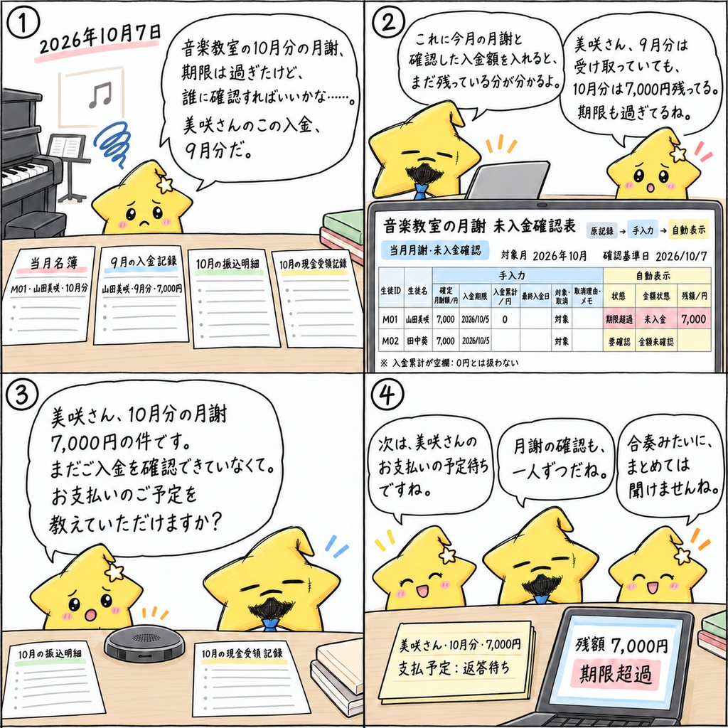 音楽教室の月謝未入金確認|生徒別の未入金・一部入金・残額 Excel