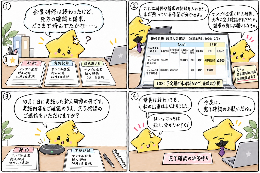 企業研修の請求・入金管理|条件確認待ち・請求待ち・入金待ち・残額 Excel