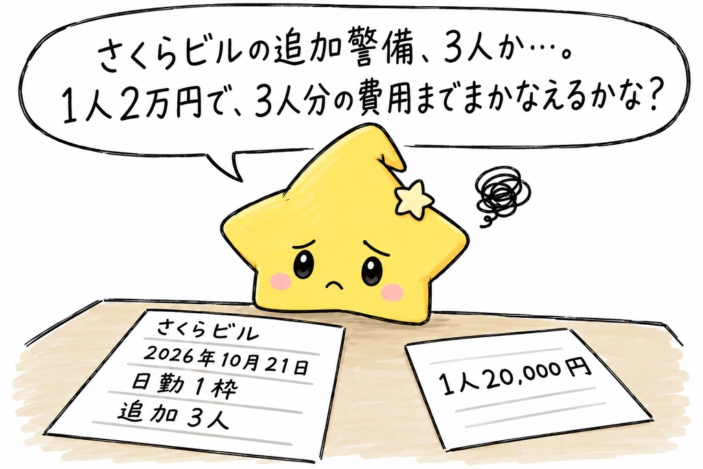 追加警備の見積確認｜手配不足数・必要人数全員分の予定売上・予定原価・予定差額 Excel