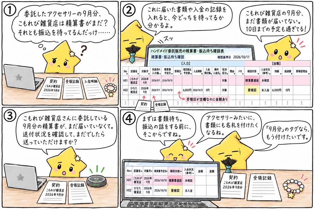 ハンドメイド委託販売の精算・入金確認|委託先別・月別の精算書待ち・振込待ち・期限超過・残額 Excel