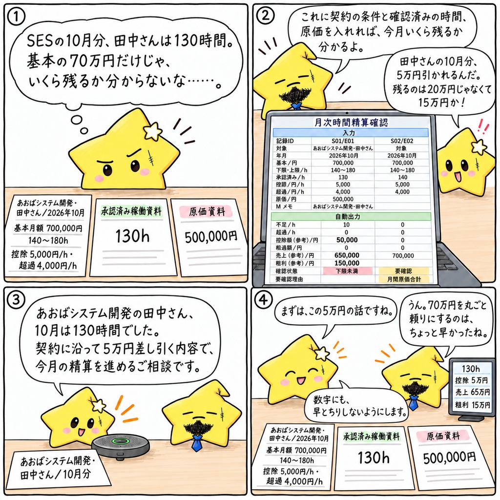 SES時間精算の月次売上・粗利確認(上下割契約)|不足・超過時間・控除額・超過額 Excel