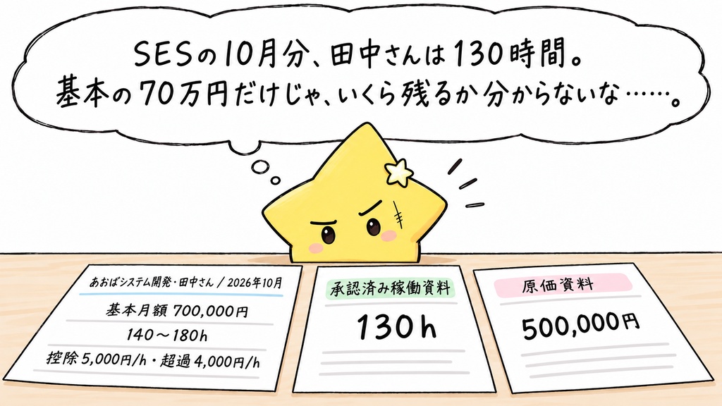 SES時間精算の月次売上・粗利確認（上下割契約）｜不足・超過時間・控除額・超過額 Excel