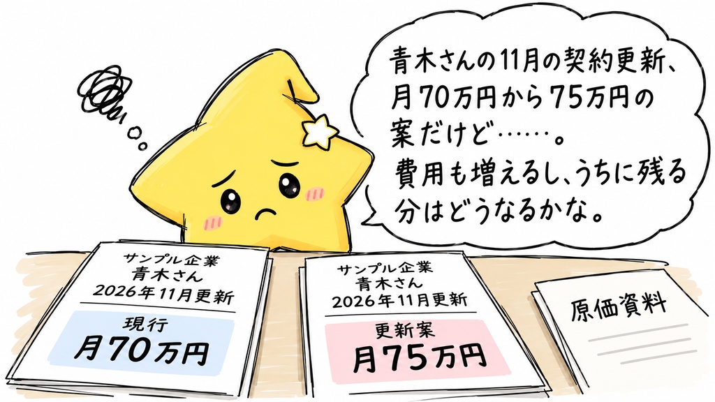 SES契約更新の月額粗利比較｜現行・更新案の売上・直接原価・粗利増減 Excel