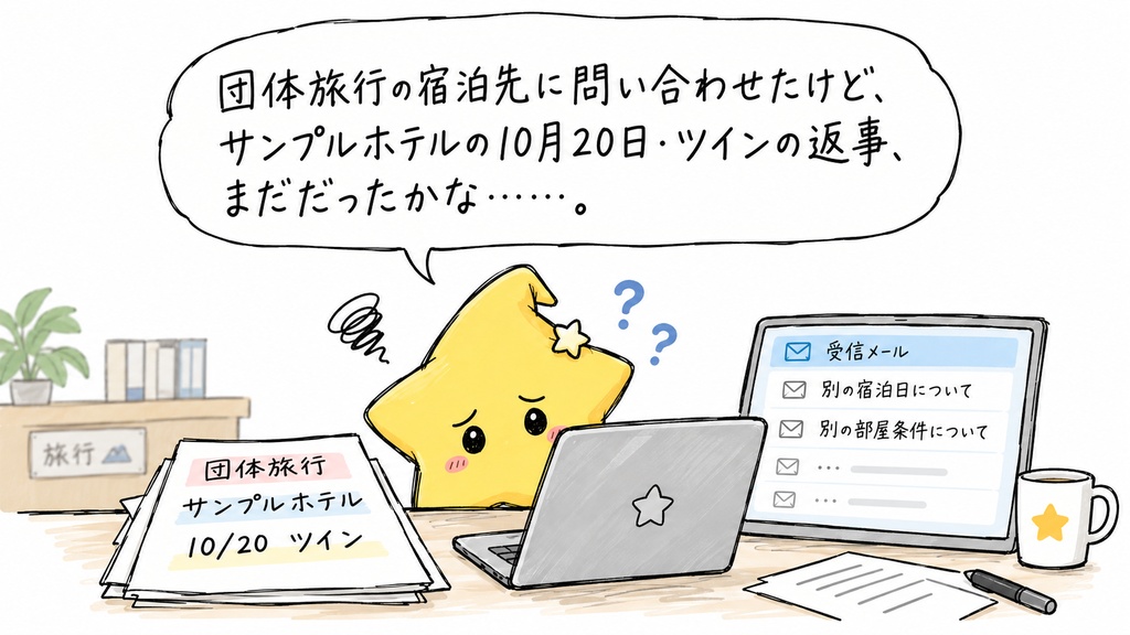 団体旅行の宿泊照会管理|宿泊日・部屋条件別の回答待ち・条件確認待ち・回答希望日超過 Excel