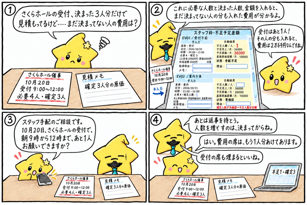 イベントスタッフの手配管理|枠別の不足人数・予定原価・直接原価差額 Excel