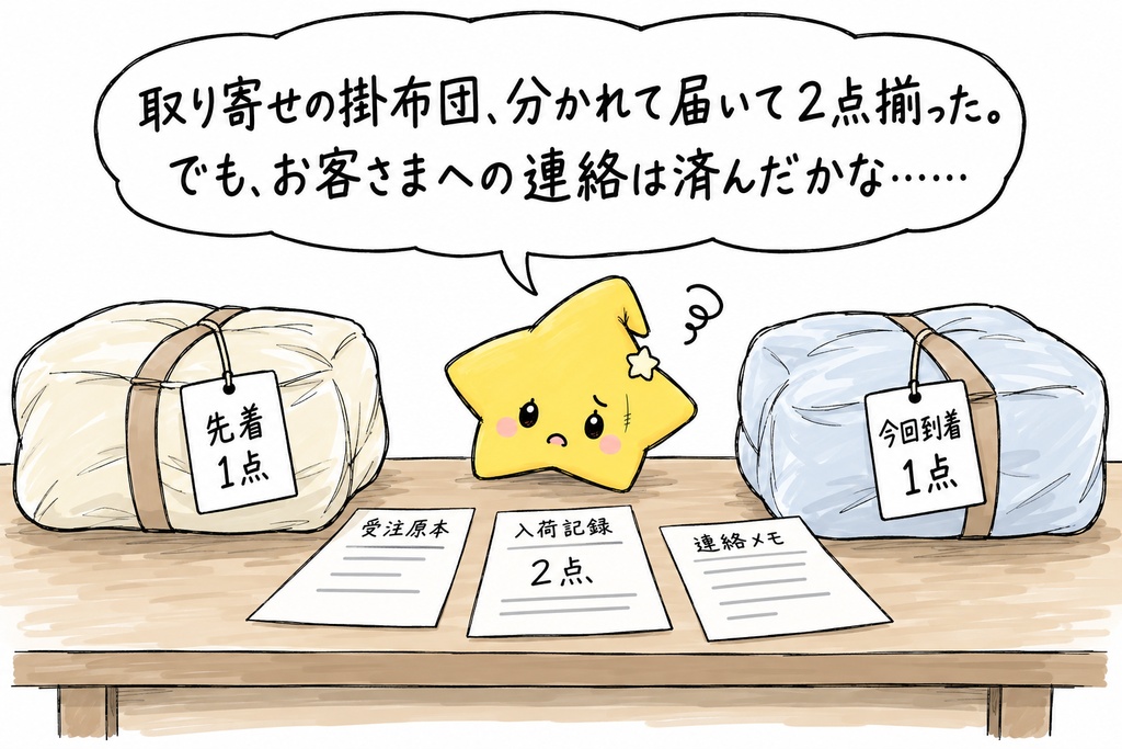 寝具店の取寄せ品の入荷連絡管理｜全数確認日・全数入荷連絡待ち・連絡日・連絡記録 Excel