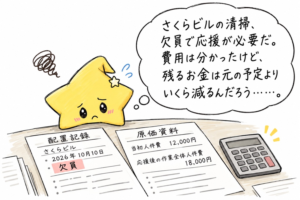 清掃現場の応援配置比較｜予定粗利・増減・応援後の赤字確認 Excel