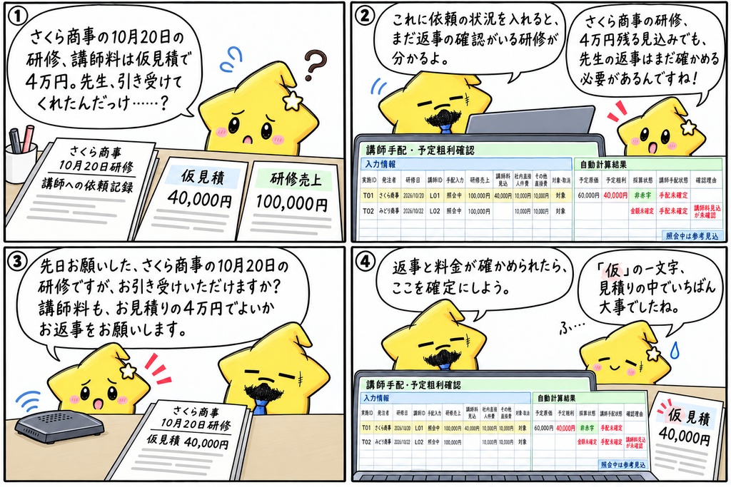 企業研修の講師手配確認|講師手配状態・予定原価・予定粗利・採算状態 Excel