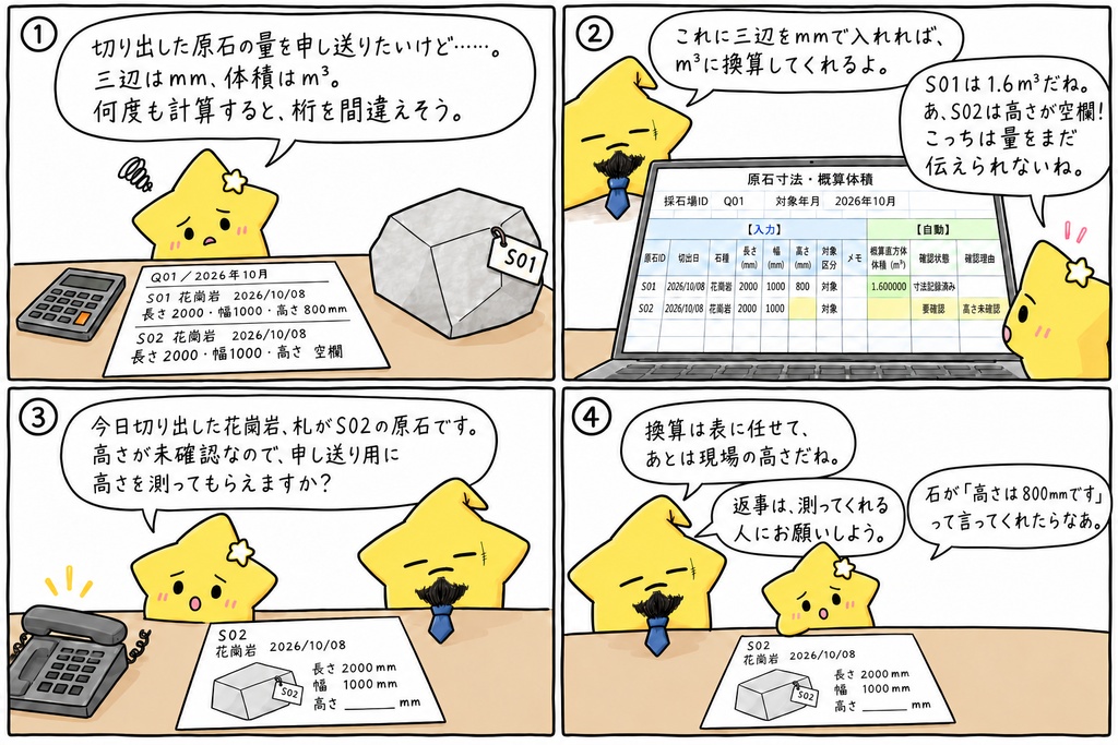採石場の原石ブロックの概算体積計算|原石ID・三辺寸法(mm)・概算直方体体積(m³) Excel