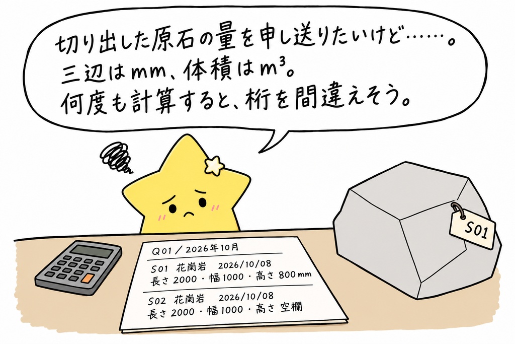 採石場の原石ブロックの概算体積計算｜原石ID・三辺寸法（mm）・概算直方体体積（m³） Excel