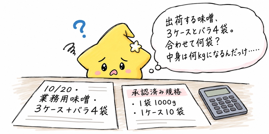 味噌の出荷数量換算｜ケース・バラ注文の総出荷袋数・正味重量（kg） Excel