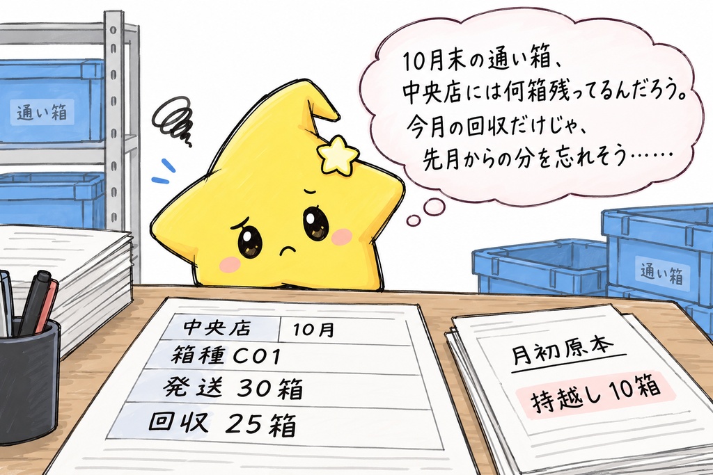 店舗別通い箱の月末数量照合｜期首持越しを含む帳簿残数・現物数・差異確認 Excel