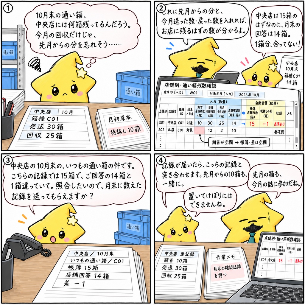 店舗別通い箱の月末数量照合|期首持越しを含む帳簿残数・現物数・差異確認 Excel