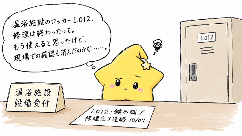 温浴施設のロッカー修理・利用再開確認｜受付ID・ロッカーID・修理連絡待ち・利用再開確認待ち Excel
