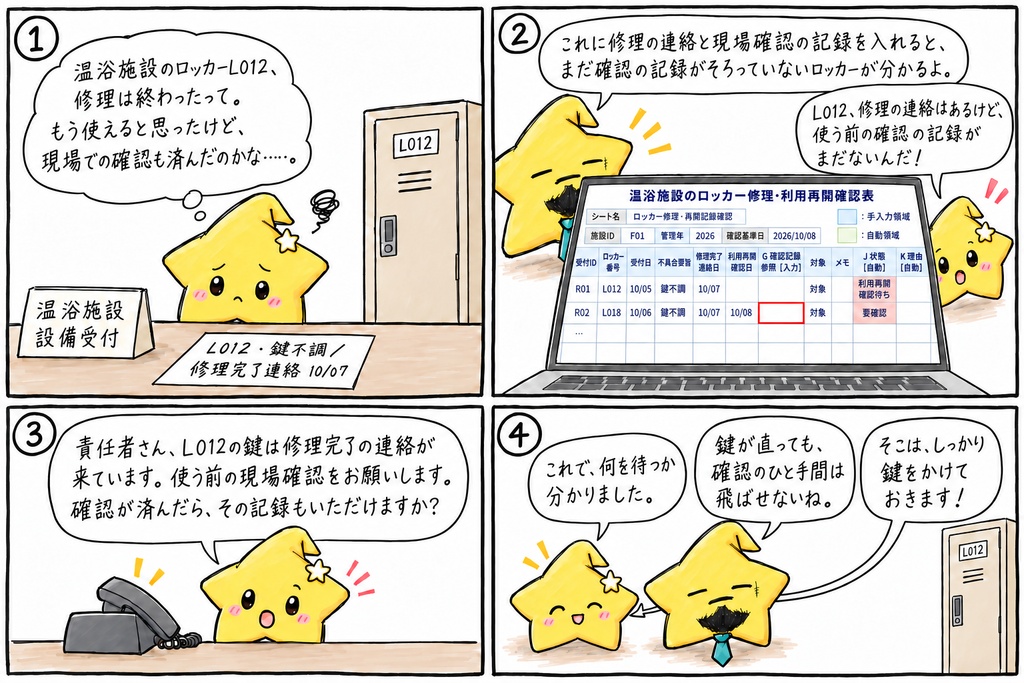 温浴施設のロッカー修理・利用再開確認|受付ID・ロッカーID・修理連絡待ち・利用再開確認待ち Excel
