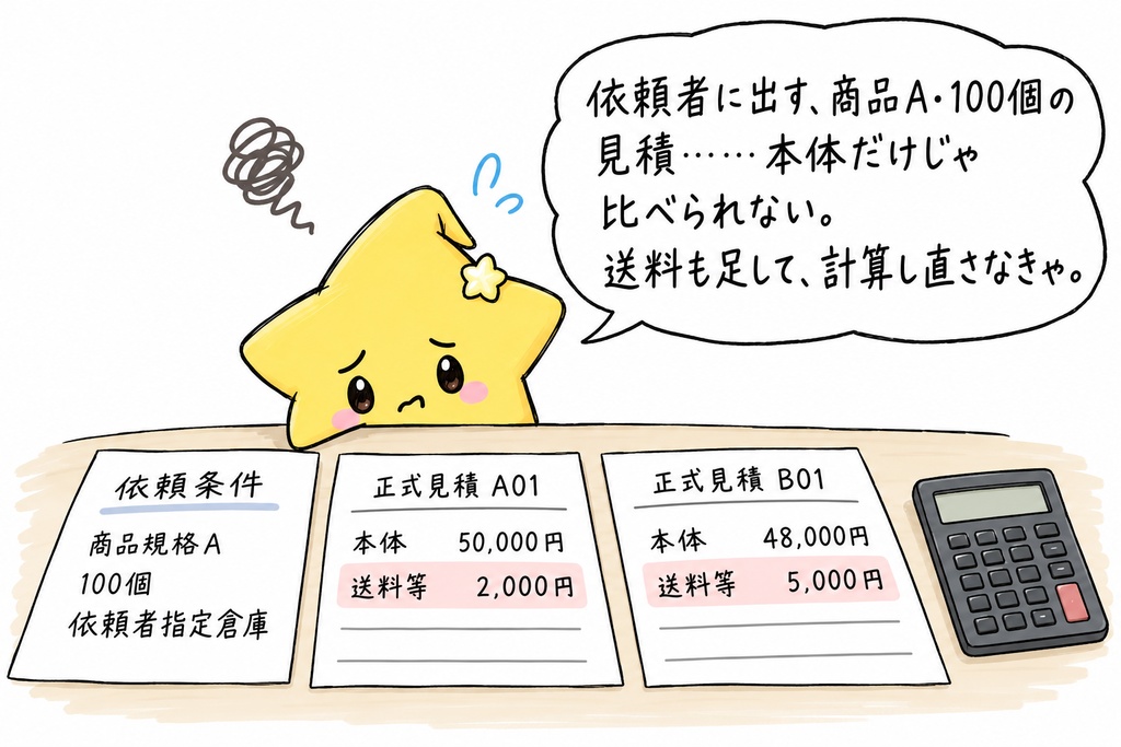 商品仲介の見積総額比較｜同一条件の本体見積・送料等の追加費用・税抜総額 Excel