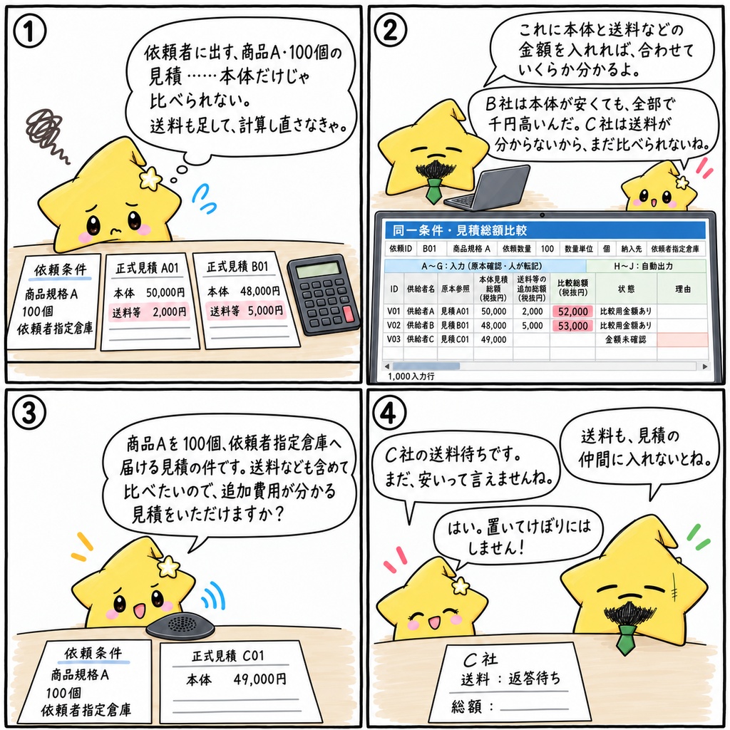 商品仲介の見積総額比較|同一条件の本体見積・送料等の追加費用・税抜総額 Excel