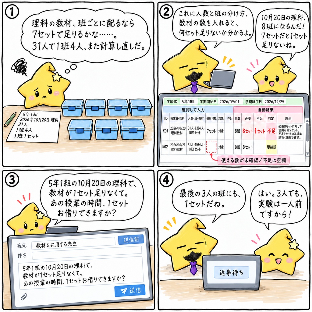 小学校の班共用教材の数量確認|班数・必要セット数・不足セット数 Excel