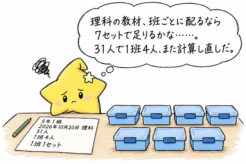 小学校の班共用教材の数量確認｜班数・必要セット数・不足セット数 Excel