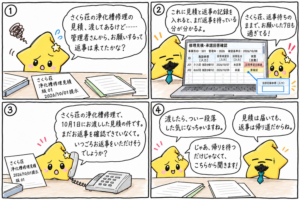 浄化槽保守点検の修理見積回答管理|回答待ち・回答希望日超過・承諾記録・条件確認待ち Excel